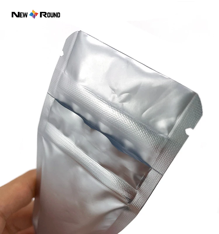 حقيبة مايلر مقاومة للأطفال باللون الفضي غير اللامع مع شعار بلاستيك مقاوم للحرارة وسحاب ناعم الملمس وسحاب مقاوم للرائحة