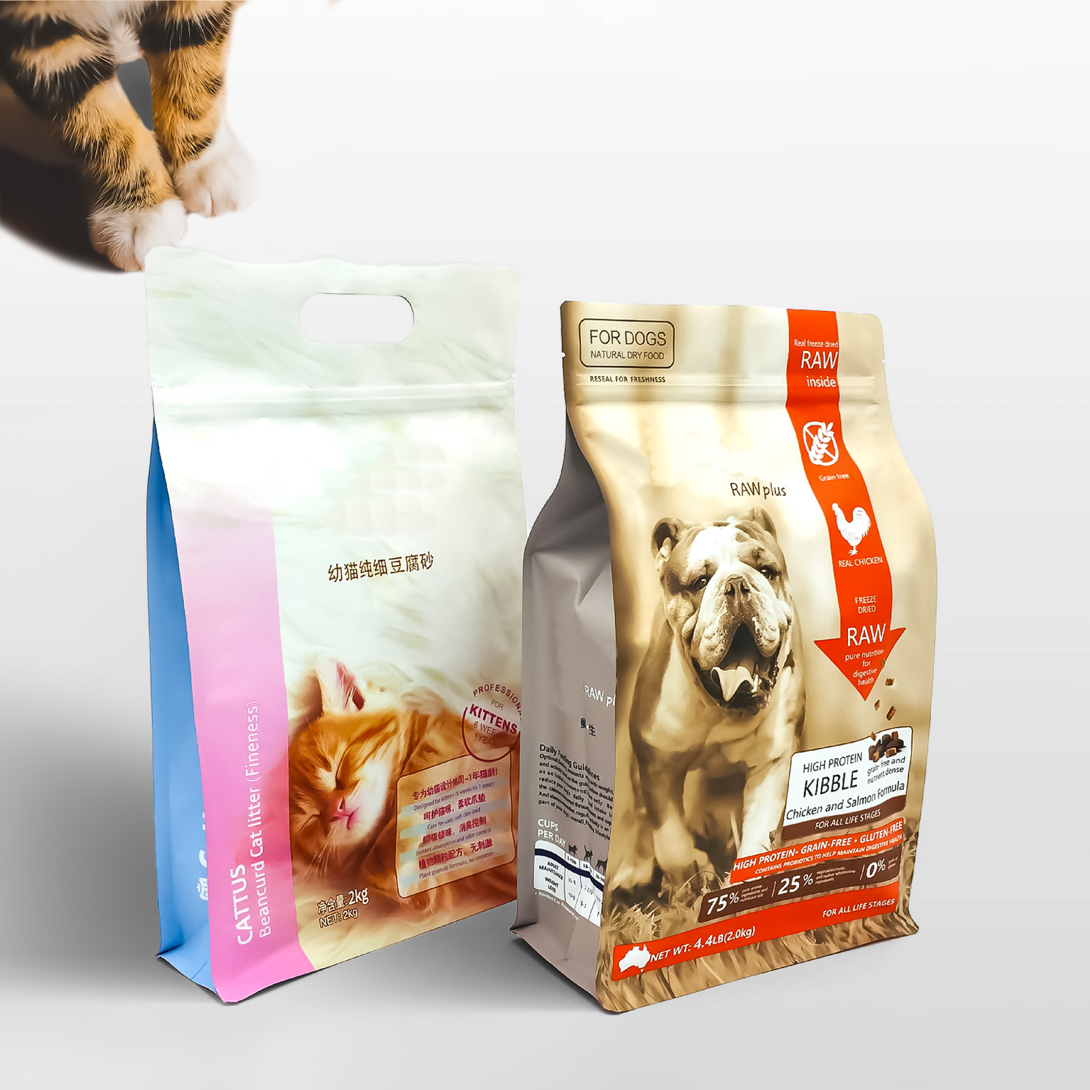 حقيبة تغليف بلاستيكية سريعة تحمل علامة Gusseted Poly Dog Cat Travel ومعبأة من أجل درجة الطعام